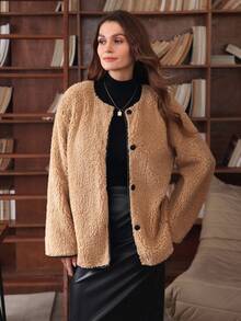 Louniche Áo khoác cardigan dáng rộng, cài nút tương phản, dáng suông, thời trang thường ngày, đi làm hàng ngày cho nữ, thu/đông - Màu be - Xem 3