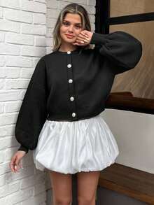 EURMUSE Classic Front Button Round Neck Casual Versatile Long Sleeve Cardigan - Black - View 4