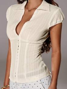 TRNVIE 夏季白色纹理领口修身胸前纽扣性感办公室女士棉质条纹短袖衬衫 - 杏色 - 查看 7