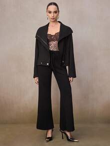 Modelyn Women's Low Waist Tie Flare Pants, Drapey & Slimming, Loose Casual Long Trousers, Spring/Autumn - Black - View 6