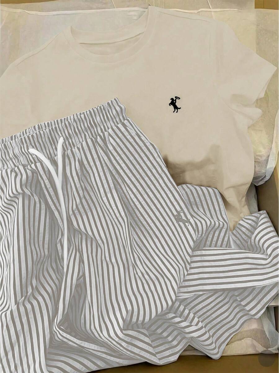 INAWLY 圆领刺绣短袖上衣+条纹印花裤套装，欧美风 - 杏色 - 查看 1