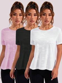 SHEIN Sports 3 件大码女式休闲运动上衣，迷彩，提花，网眼拼接，圆领，不对称下摆，适合宽松运动装，日常休闲，跑步，瑜伽，健身，网球，春夏/秋季 - 彩色 - 查看 2
