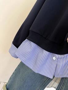 INAWLY Plus Size Casual Patchwork Striped 2 In 1 Embroidered Knight Sweatshirt, Autumn - Navy Blue - View 6