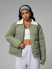 SHEIN Dewbera Women's Thick Loose Fit Green Collar Sports Padded Coat Puffer Jacket Women Puffer Jacket Cropped Puffer Jacket Women Jacket Puffer Coat Green Jacket - Green - View 3