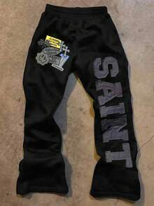 Glimmora Men's Letter Applique Elastic Waist Loose Casual Sweatpants - Black - View 3