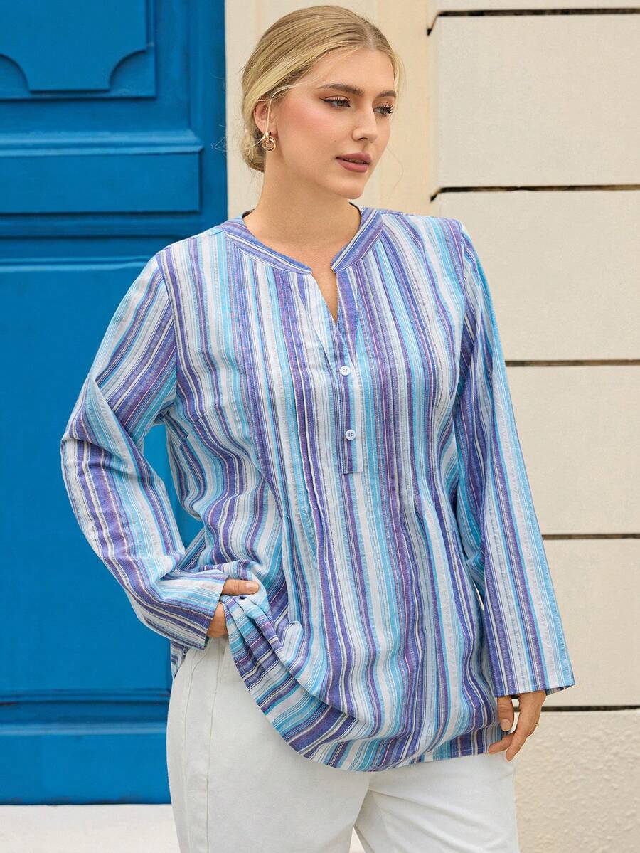 Rosumi 大码 V 领落肩长袖撞色条纹休闲宽松衬衫 - 彩色 - 查看 1