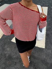 Siren Gaze 女士秋冬时尚露肩领不对称领条纹长袖毛衣海岸魅力条纹落肩毛衣海军风毛衣 - 紅白色 - 查看 6