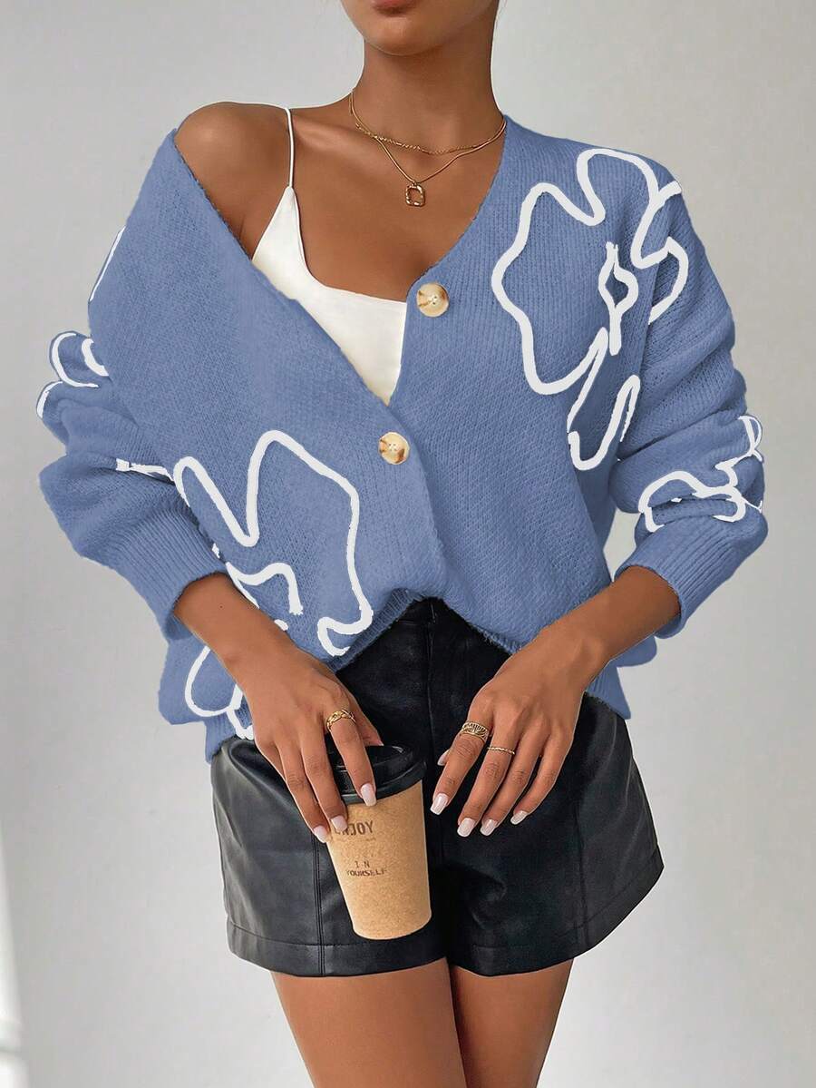 SHEIN Unity Floral Pattern Drop Shoulder Cardigan - Baby Blue - View 1