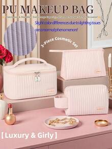 3 pièces Ensemble de sacs de maquillage en PU, organisateur de cosmétiques rayé mignon pour femmes en voyage, sac de toilette imperméable pour adolescentes, trousse de maquillage esthétique rose et beige