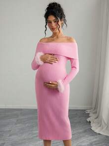 Momance Maternity Long Sleeve Fuzzy Off Shoulder Bodycon Dress - Pink - View 2