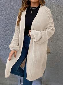 EMERY ROSE 大码女式绿色纯色针织开衫，露肩长袖宽松休闲，春/秋/冬 - 杏色 - 查看 6