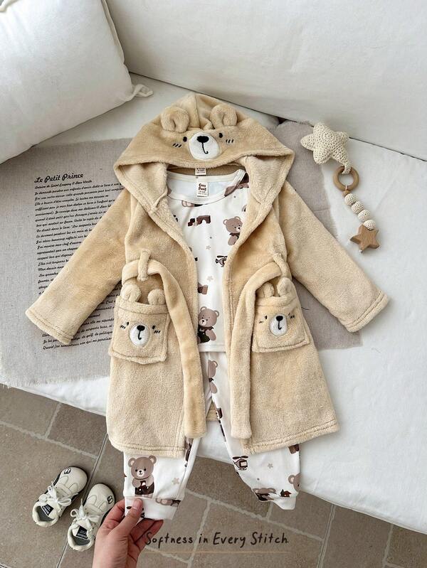 Cozy Pixies 3 sztuki/zestaw dla chłopców, bluza z nadrukiem w kształcie misia z kreskówkowym wzorem, dzianinowa, miękka, z okrągłym dekoltem i długim rękawem, spodnie z elastyczną talią, szlafrok 3-częściowy, termiczna podszewka, gruba, bardzo elastyczna, odpowiednia na zimę