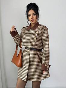 Elenzga 女士优雅奢华礼服，适合万圣节、圣诞节、沙特国庆节、新年派对、毕业典礼、婚礼，粗花呢拼色斗篷风衣配腰带，常规长度修身大衣，棕色和卡其色，带口袋 - 棕色 - 查看 4