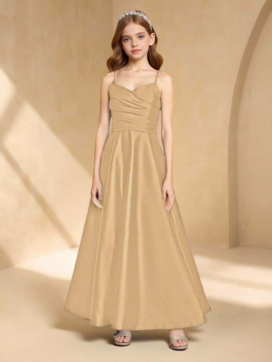 优雅藏蓝色交叉露背吊带连衣裙,适合少女穿着 - 香檳色 - 查看 1