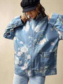 Bohemela 秋冬女式休闲水洗复古牛仔印花长袖开襟宽松立领口袋夹克，西部乡村风格，适合度假、日常穿着、返校、万圣节、圣诞节等场合。 - 彩色 - 查看 6