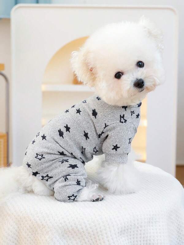 PETSIN 1pc Pet Clothes, Comfortable Cat And Dog Printed Five Pointed Star Gray Home Clothes Jumpsuit Pajamas