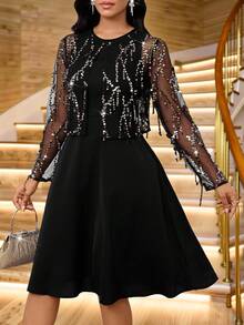 SHEIN Lady Women's Sequined Jacket And Black Dress, Women's Two-Piece Suit  Halloween Costumes Christmas Dress  Christmas Party Dress Elegant Dresses For Party - White - View 5