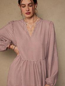 Váy tay đèn lồng cổ khoét caro kẻ caro cỡ lớn, mùa thu - Màu Khaki - Xem 5