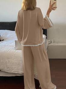 DAZY Satin Lace Ruffle Trim Women Sleep Pajama Set Spring Fall Winter Clothes - Khaki - View 2