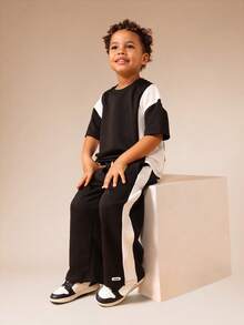 SUMWON 男童条纹短袖T恤和慢跑裤套装夏季休闲装 - 黑與白 - 查看 5