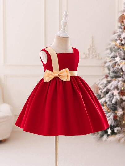 Glamorique Kids 女婴优雅迷人酒红色无袖缎面蝴蝶结腰部喇叭裙摆派对连衣裙