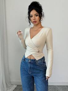 Selianne Nouveau T-shirt femme polyvalent en automne/hiver, en tissu côtelé brossé abricot, avec un décolleté en V élégant avec boucle métallique, manches longues ajustées et dos nu avec nœud papillon