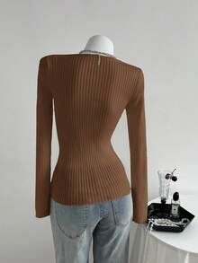 SHEIN Unity 女式纯色长袖纽扣设计修身休闲罗纹毛衣，秋冬 - 棕色 - 查看 2