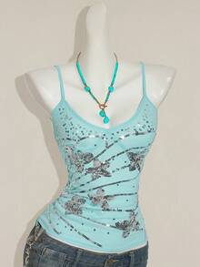 SHEIN ICON Y2K 花卉串珠刺绣不对称下摆女式蓝色串珠刺绣吊带背心，修身性感夏季外套 - 淺藍色 - 查看 4