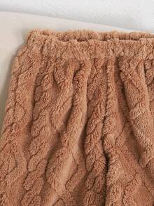 SHEIN Tween Girl Khaki Cute Cartoon Bear Embroidered Crew Neck Long Sleeve Top And Soft Comfortable Brushed Fleece Pajama Pants Set, 2pcs, Autumn/Winter