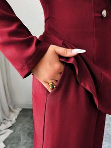 Elenzga petite 女式橄榄绿色厚面料 V 领翻领收腰纽扣设计西装外套和阔腿裤套装，教师/职业装，适合感恩节、万圣节、秋季，时尚百搭两件套西装 - 酒紅色 - 查看 4