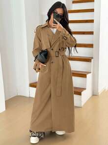 SHEIN EZwear Women's Casual Stylish Minimalist Deep Camel Double-Breasted Belted Long Trench Coat, Autumn Suit Dress Khaki Dress Women Tan Dress Women Coffee Brown Dress,Fall,Fall Clothes For Women - Camel - View 5