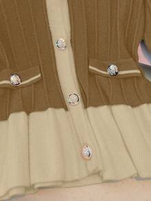 Franclia Nuevo cárdigan de punto elegante y dulce con mangas abullonadas y dobladillo con volantes para mujer, primavera/otoño - Marrón - Ver 5