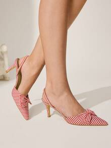 CUCCOO CHICEST Women's Romantic Elegant Pointed Toe Bowknot Strap High Heel Pumps, Classic Plaid Fabric, Slip-On, Suitable For Date, Afternoon Tea, Commute, Valentine's Day - Red and White - View 4