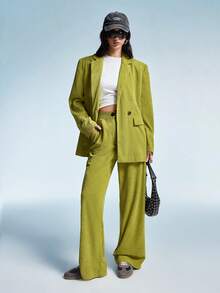 Aveloria EMERY ROSE Women's Autumn Corduroy Solid Color Loose Fit Wide Shoulder Lapel Minimalist Blazer And Wide Leg Pants Suit Set - Green - View 4