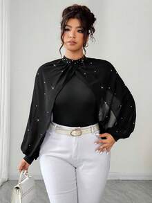 Elenzga 大码女式奢华派对雪纺泡泡袖串珠装饰修身黑色紧身衣 - 黑色 - 查看 6