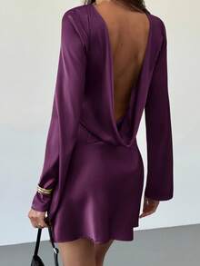 Aloruh 女式优雅纯色露背喇叭袖迷你连衣裙，秋季 - 紫色 - 查看 6