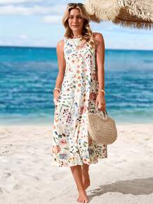 Sylviya Vestido casual de mujer de longitud media con estampado, adecuado para primavera y verano, ropa bohemia, vestidos de verano para mujer, vestido elegante para vacaciones - Multicolor - Ver 1