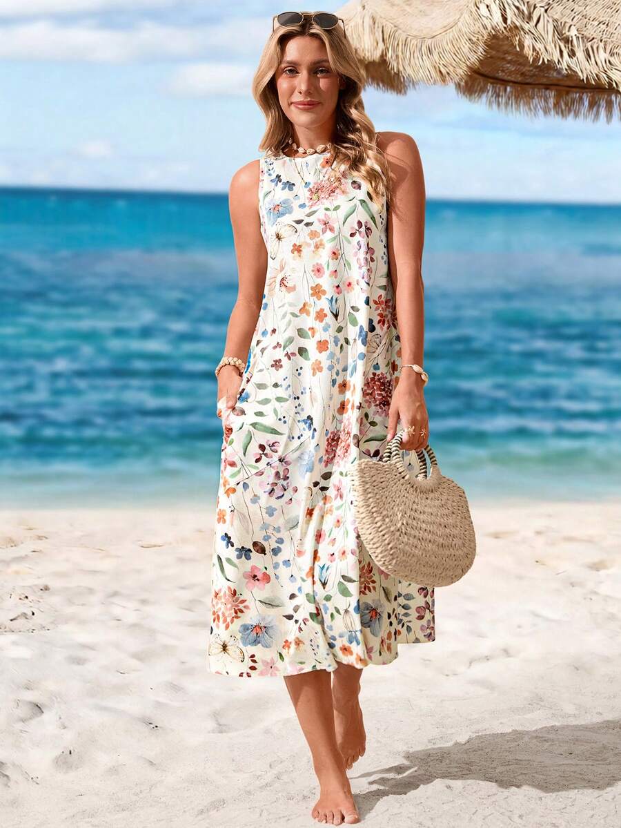 Sylviya Vestido casual de mujer de longitud media con estampado, adecuado para primavera y verano, ropa bohemia, vestidos de verano para mujer, vestido elegante para vacaciones - Multicolor - Ver 1