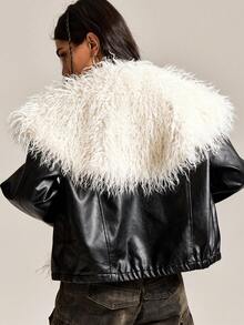 Easelle Women's Fashionable Short Faux Fur Coat, Black And White, Black PU Patchwork Fur Collar Coat, Autumn And Winter Black 2025