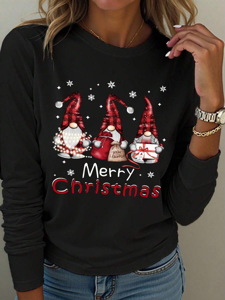 EMERY ROSE Ladies' Christmas Dwarf Pattern Printed Long-Sleeved T-Shirt - Round-Neck Casual Top - Black - View 1