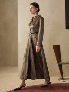 Ciel Poise 新款优雅女装，纯绿色纹理腰部，腰果花印花，金属仿皮黑色长腰带，A 字廓形，长袖，复古经典时尚衬衫裙 - 綠色 - 查看 4