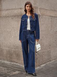 SHEIN LUNE Vintage Fashionable Elegant Pocket Solid Color Washed Straight Leg Jeans - Dark Wash - View 1