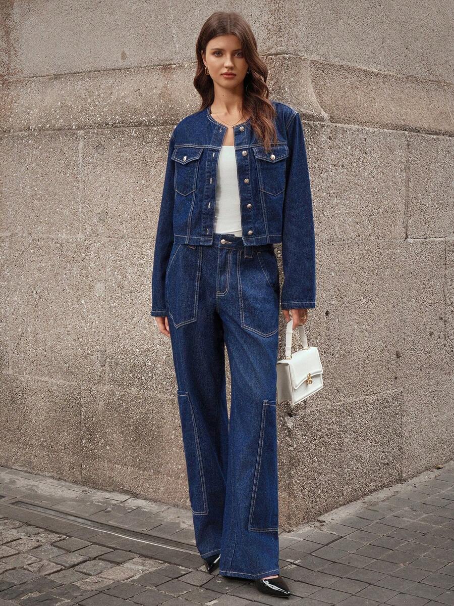 SHEIN LUNE Vintage Fashionable Elegant Pocket Solid Color Washed Straight Leg Jeans - Dark Wash - View 1