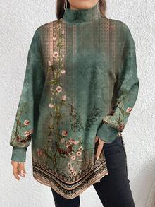 EMERY ROSE Camiseta larga de cuello alto con patrón floral elegante y retro de talla grande, para primavera/otoño - Multicolor - Ver 5