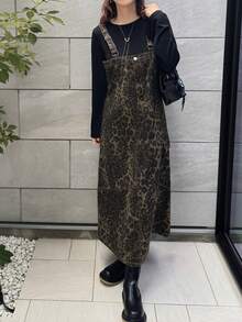 FRIFUL 女士时尚豹纹无袖方领休闲宽松长款牛仔连衣裙 - 棕色 - 查看 4