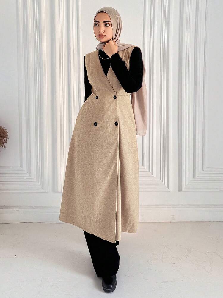 Women's Elegant Solid Color V-Neck Sleeveless Mid-Length Dress, Autumn Modest Fashion