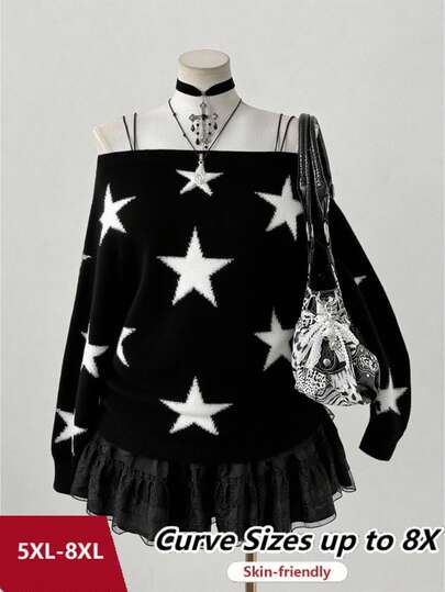 SHEIN CURVE+ Suéter holgado de punto con cuello redondo, estampado de pentagrama, estilo streetwear Y2K para mujer de talla grande, adecuado para otoño/invierno, vuelta al colegio, interior/exterior, ir y venir, mejor regalo de vacaciones, perfecto para Halloween/Navidad, primavera/otoño, otoño/invierno