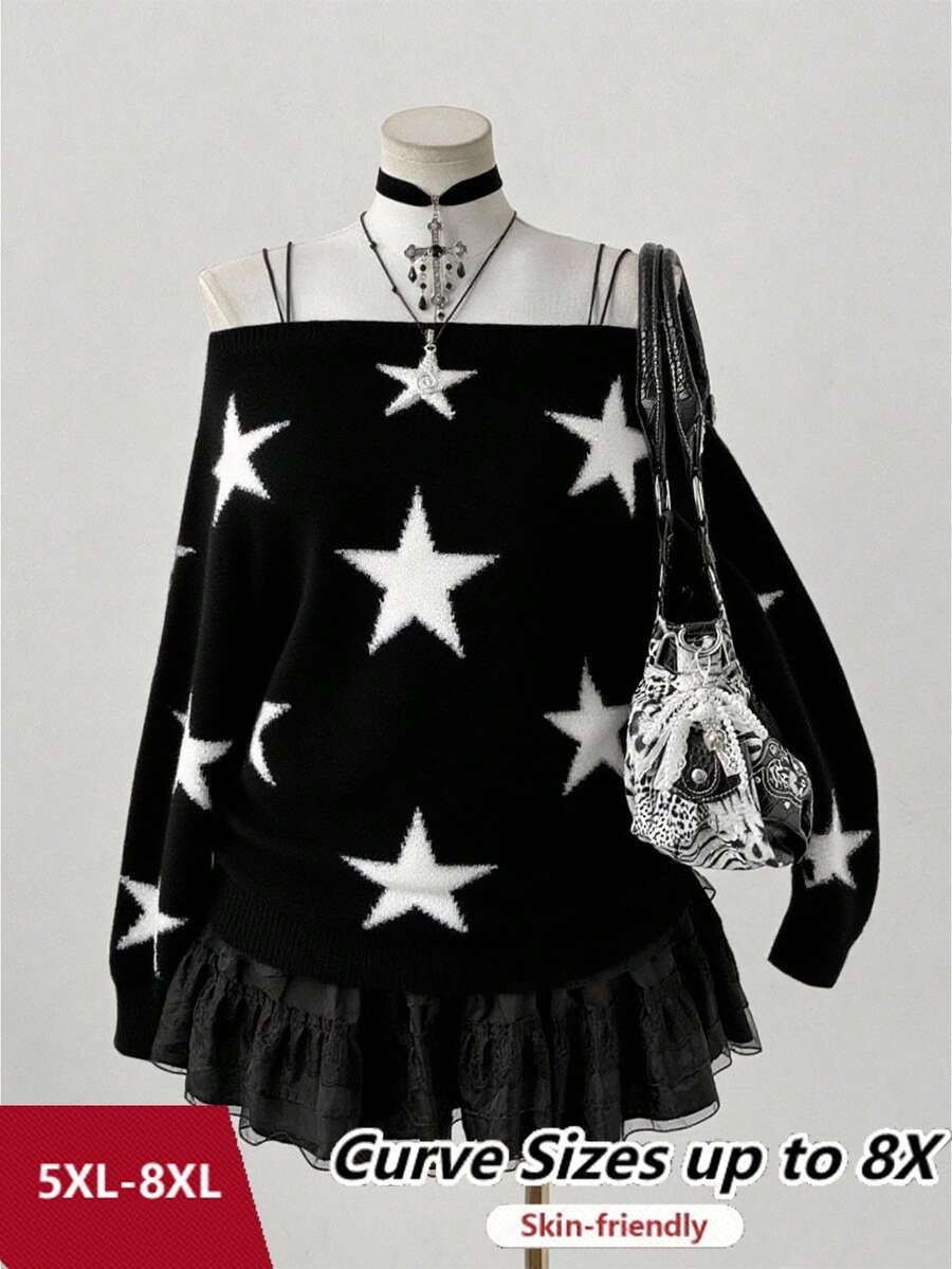 SHEIN CURVE+ 加大码女式 Y2K 街头风五角星提花宽松蝙蝠袖圆领针织毛衣，适合秋冬季、返校季、室内/室外、通勤，最佳节日礼物，非常适合万圣节/圣诞节、春季/秋季、秋季/冬季 - 黑色 - 查看 1