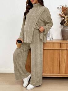 SHEIN 2件套孕妇休闲高领长袖上衣和裤子套装，秋季 - 杏色 - 查看 5