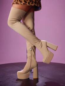 CUCCOO LuxiPop Giày bốt thời trang dự tiệc gót dày gợi cảm có khóa kéo co giãn, thích hợp cho Halloween, Giáng sinh, trang phục dự tiệc, phong cách hộp đêm mùa thu - Màu be - Xem 1